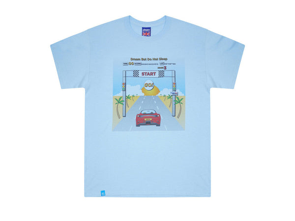 Short Sleeved T-shirt In Light Blue With Drive In To The Sunset Print by Dreambutdonotsleep