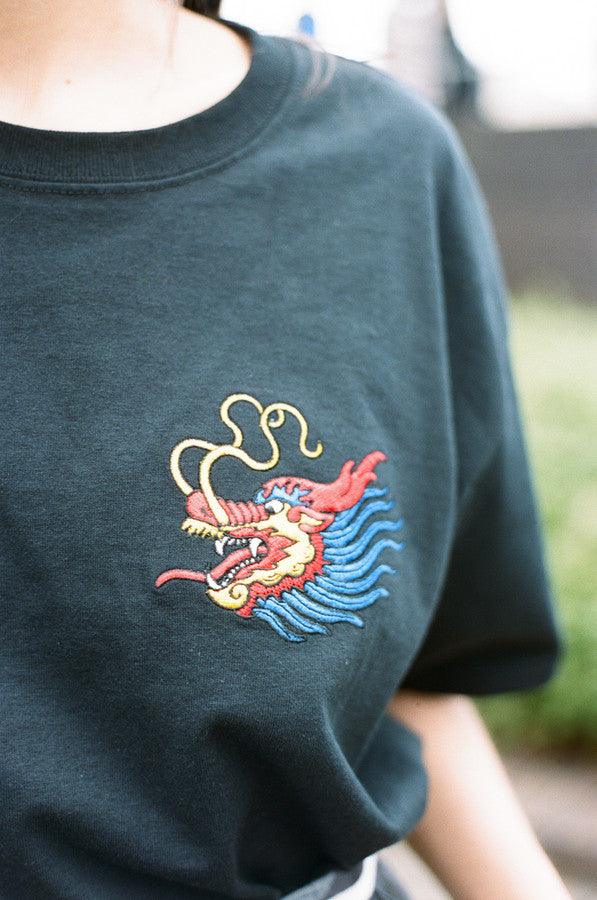 Black T-shirt With Chinese Dragon Embroidered Design by Dreambutdonotsleep