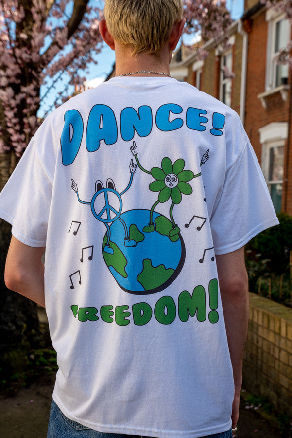 Short Sleeved T-Shirt in White with Worldwide Freedom print by Dreambutdonotsleep