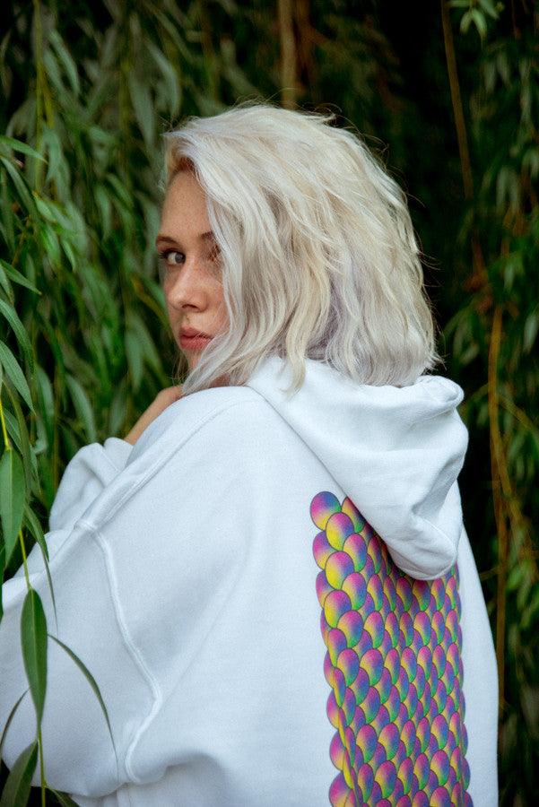 Hoodie in White with Geometric Bubble Logo Print by Dreambutdonotsleep