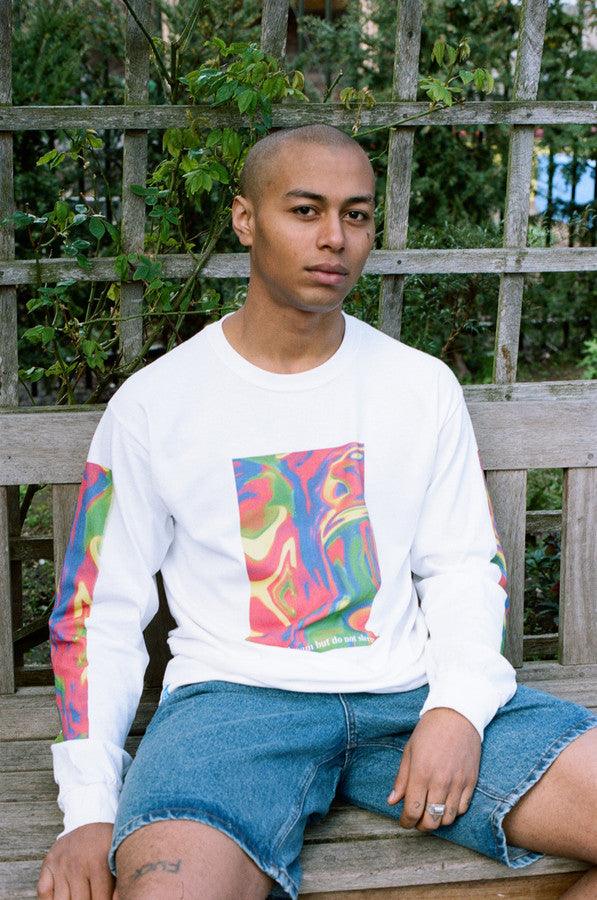 Long Sleeved T-shirt In White With Trippy Festival Print by Dreambutdonotsleep