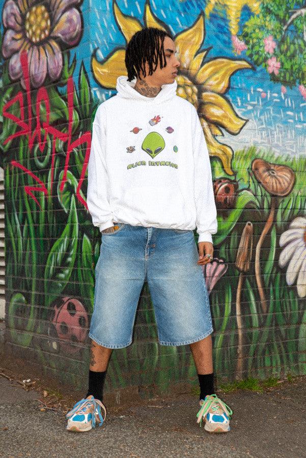 Heavyweight Hoodie in White With Alien Invasion Print by Dreambutdonotsleep