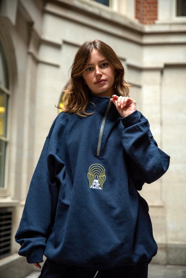 1-4 Zip Sweatshirt In Navy With Desire Embroidery by Dreambutdonotsleep