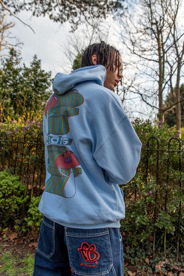 Heavyweight Hoodie in Light Blue With Trippy Mushroom Print by Dreambutdonotsleep