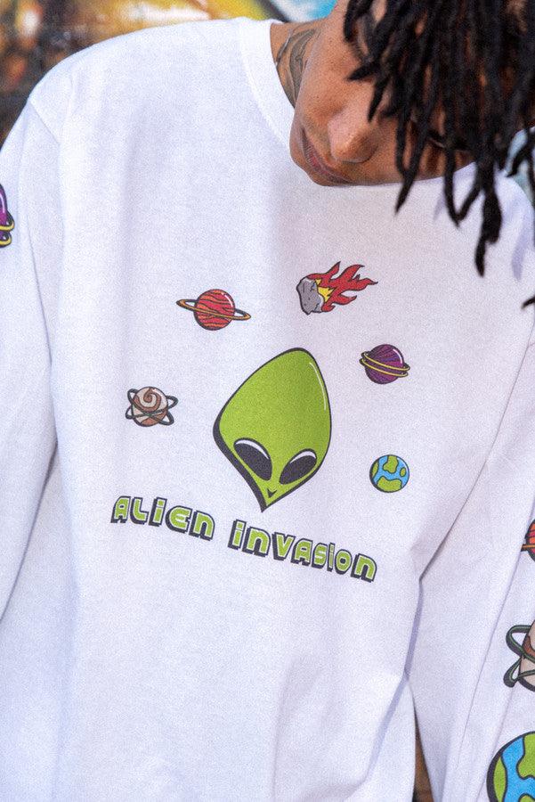 Long Sleeved T-Shirt in White With Alien Invasion Print by Dreambutdonotsleep