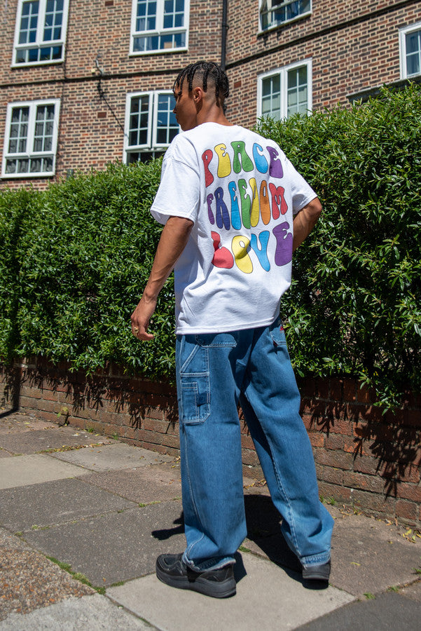 Short Sleeved T-shirt in White with Peace, Love and Freedom-4