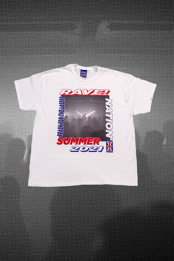 Short Sleeved T-shirt in White with Reach For The Lasers Print by Dreambutdonotsleep