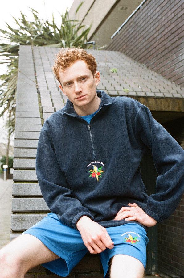 Navy Blue Fleece With Paradise Island Parrot Embroidery by Dreambutdonotsleep