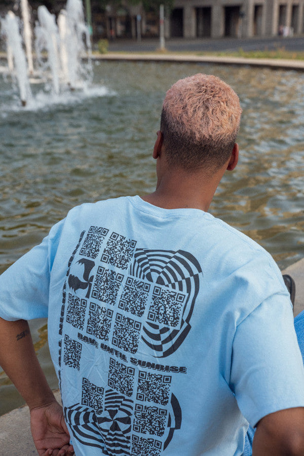 Short Sleeve Tshirt in Light Blue with QR Code Print by Dreambutdonotsleep