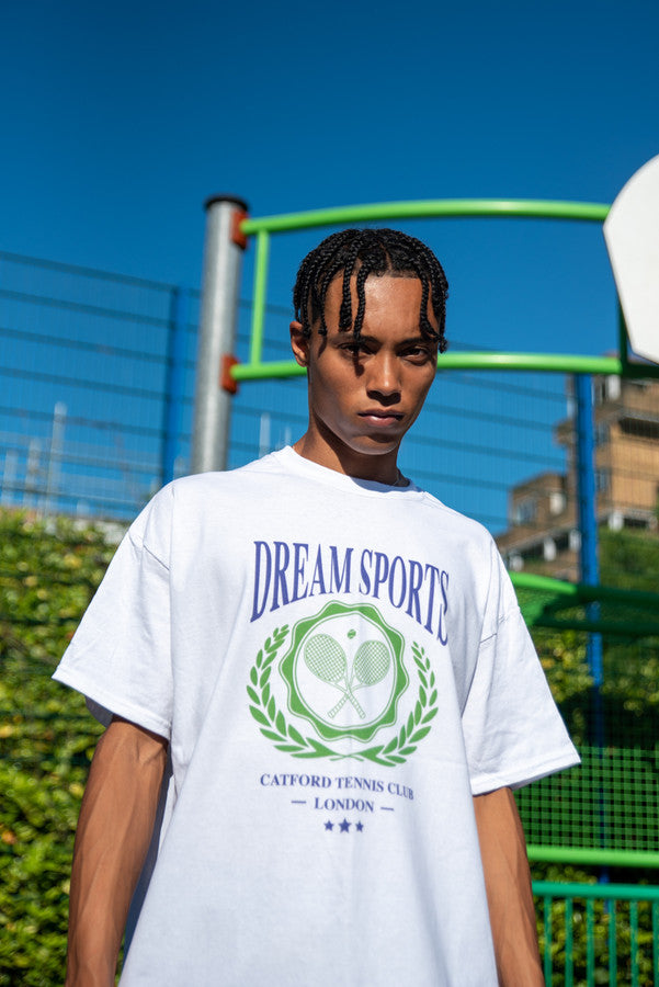 Short Sleeved T-Shirt in White Dream Sports Tennis Club Emblem Design by Dreambutdonotsleep