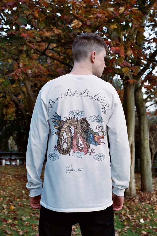 Chinese Dragon Design On A White Long Sleeved T-shirt by Dreambutdonotsleep