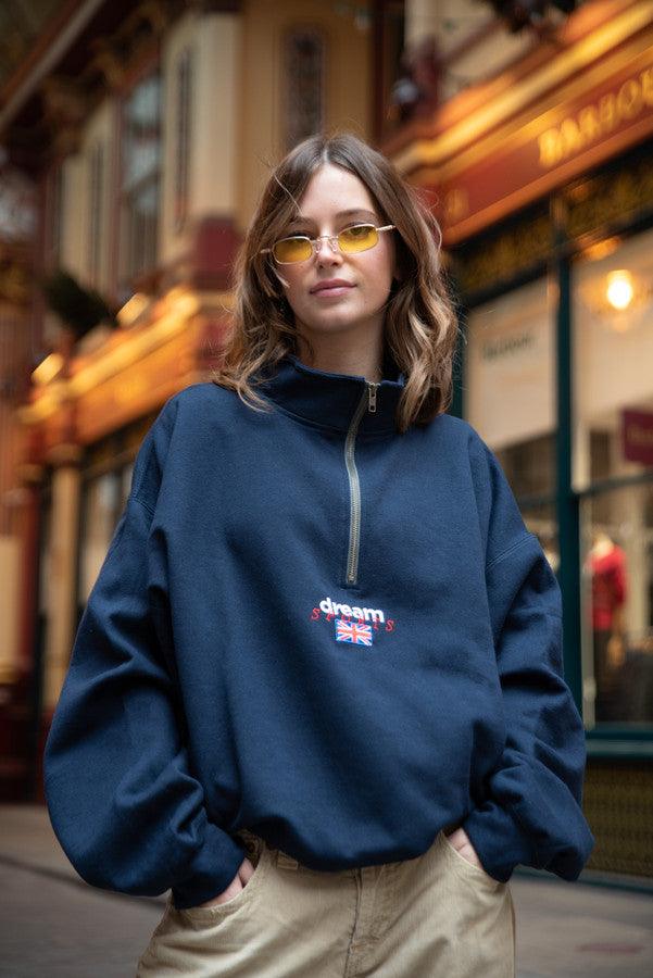 1-4 Zip Sweatshirt In Navy With Dream Sports Embroidery by Dreambutdonotsleep