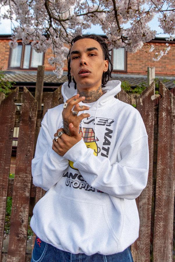 Heavyweight Hoodie in White With Rave Nation Print by Dreambutdonotsleep