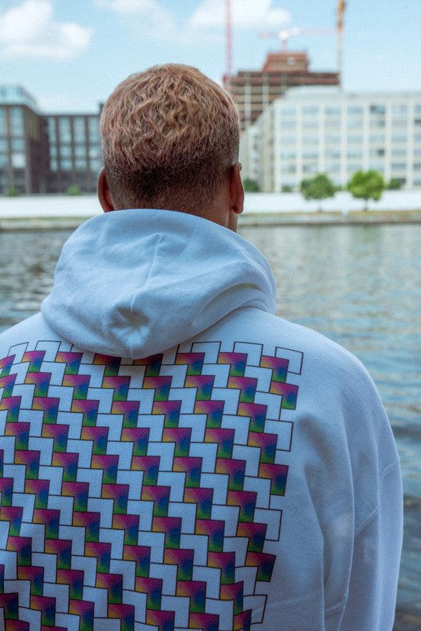 Hoodie in White with Square Geometric Logo Print by Dreambutdonotsleep