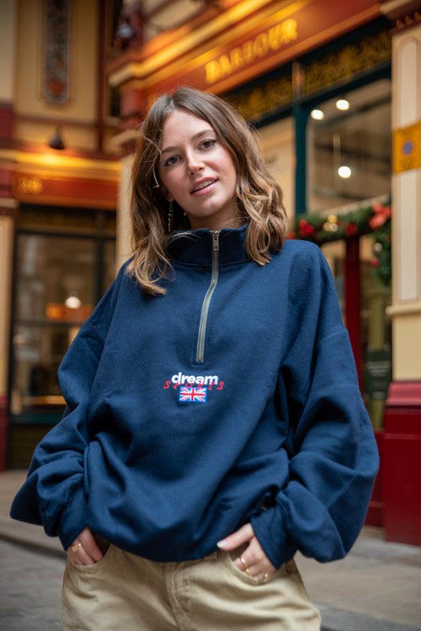 1-4 Zip Sweatshirt In Navy With Dream Sports Embroidery by Dreambutdonotsleep