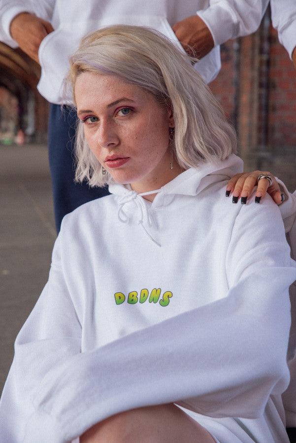 Hoodie in White with Apple Bubble Logo Print by Dreambutdonotsleep