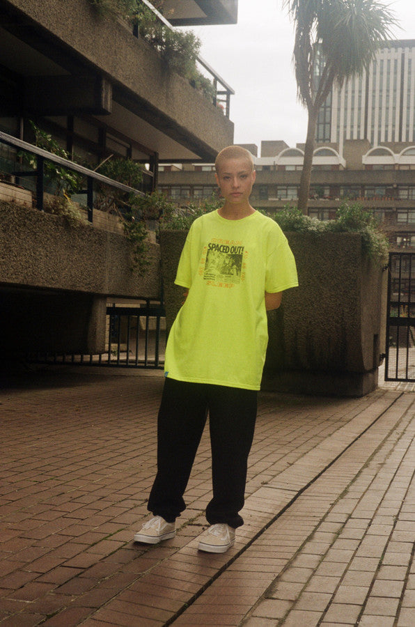 Safety Green Short Sleeved T-shirt With Spaced Out! Design by Dreambutdonotsleep