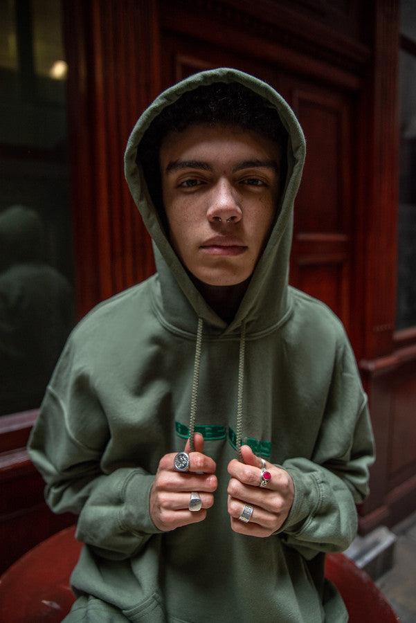 Green Hoodie With Green DBDNS Embroidery by Dreambutdonotsleep