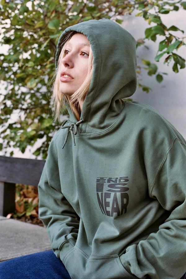 Military Green Hoodie With Printed 'The End Is Near' Design by Dreambutdonotsleep