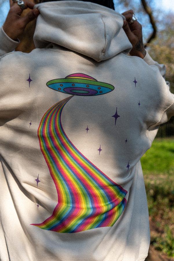 Hoodie In Sand With Trippy Alien Invasion Print by Dreambutdonotsleep