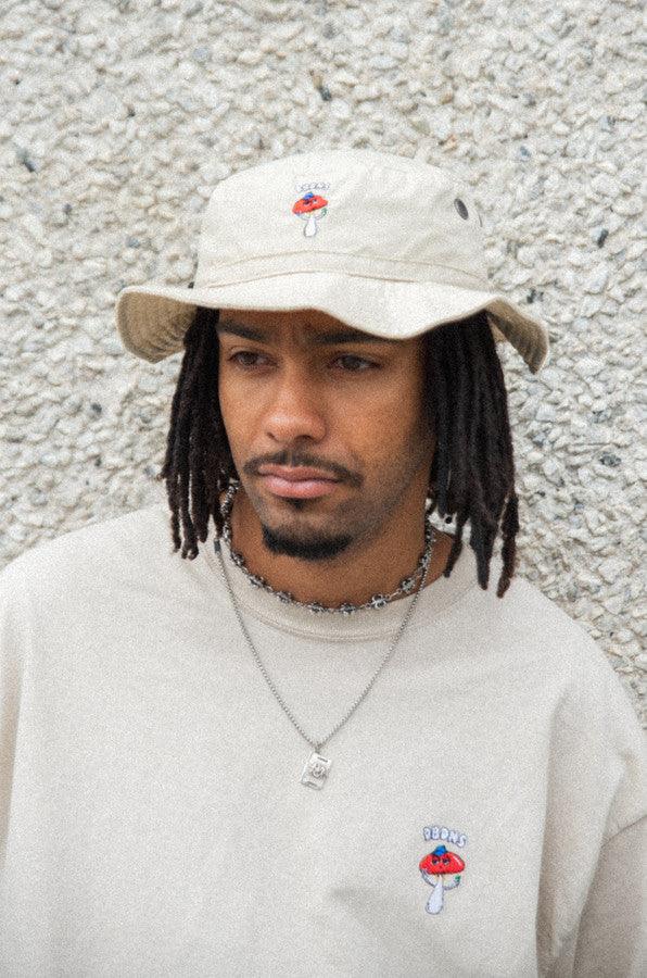 Bucket Hat In Sand With Embroidered Bro Shroom by Dreambutdonotsleep