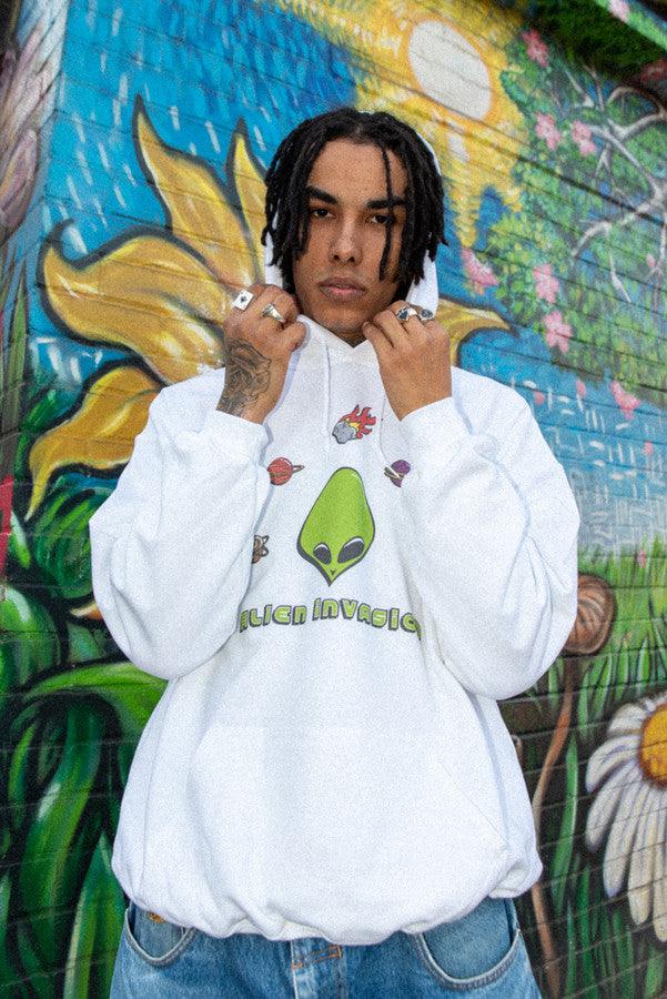 Heavyweight Hoodie in White With Alien Invasion Print by Dreambutdonotsleep