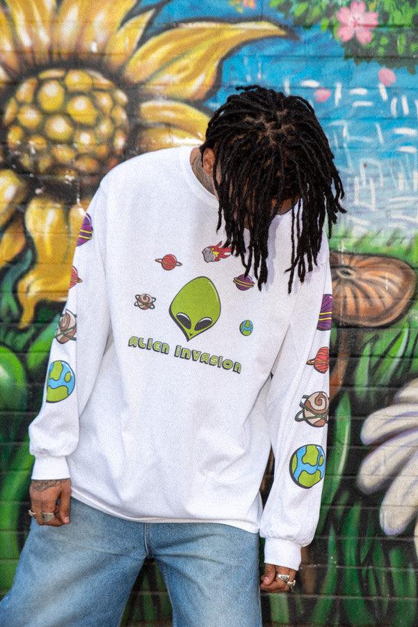 Long Sleeved T-Shirt in White With Alien Invasion Print by Dreambutdonotsleep