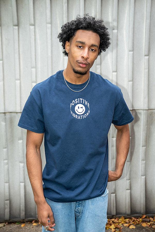 T-Shirt in Navy 90s Rave Smiley Positive Vibrations Embroidery by Dreambutdonotsleep