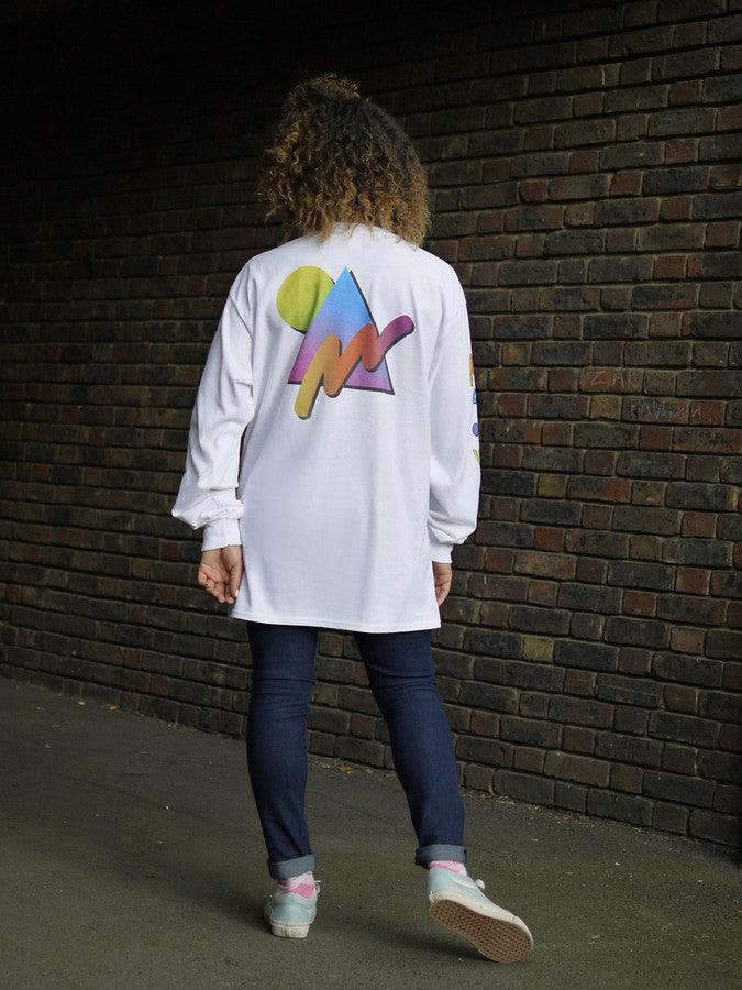 Colourful 90s Gradient Design On White Long Sleeved T-shirt by Dreambutdonotsleep