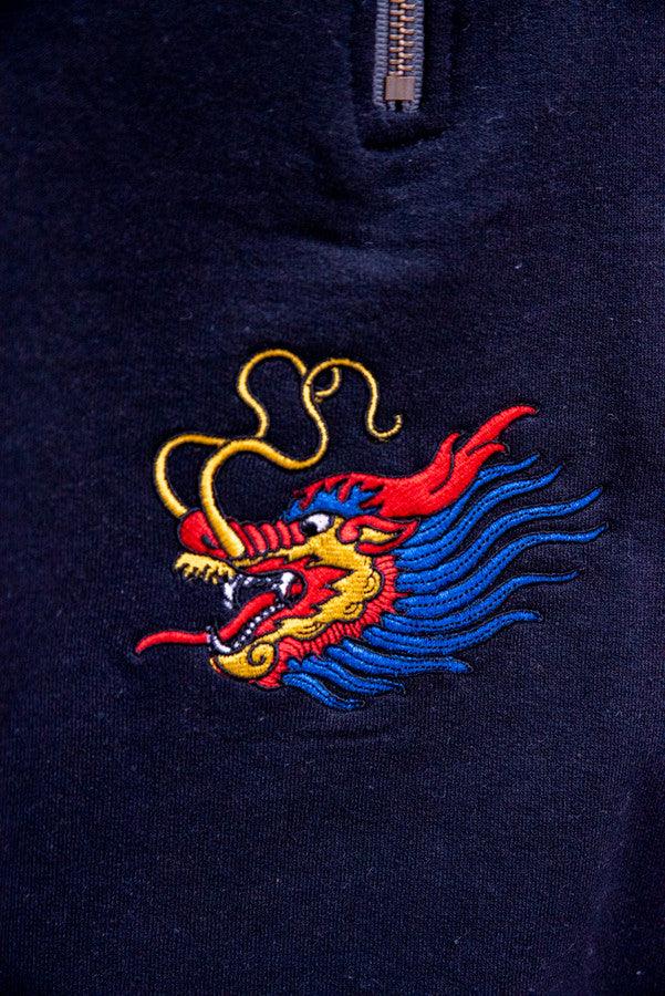 1-4 Zip Sweatshirt in Black With Chinese Dragon Embroidery by Dreambutdonotsleep