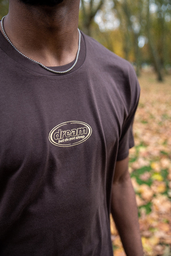 Short Sleeved T-Shirt in Dark Chocolate Brown With Oval Logo Embroidery by Dreambutdonotsleep