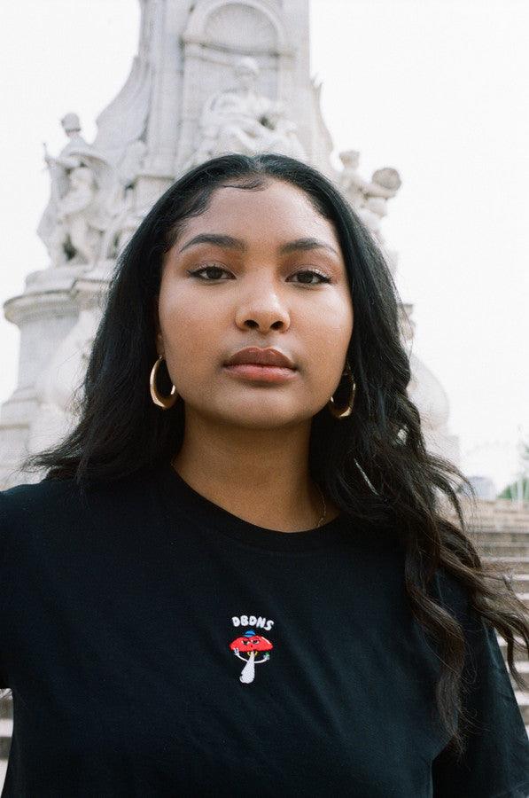 Cropped T-Shirt in Black With Embroidered Bro Shroom by Dreambutdonotsleep