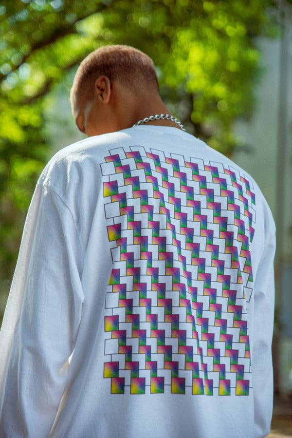 Long Sleeve Tshirt in White with Square Geometric Logo Print by Dreambutdonotsleep