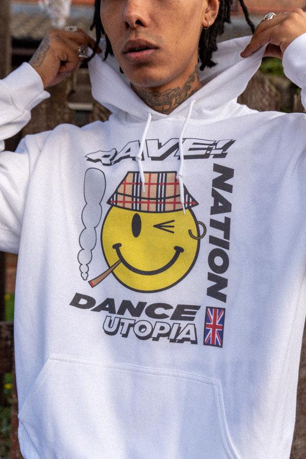 Heavyweight Hoodie in White With Rave Nation Print by Dreambutdonotsleep