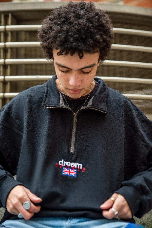 1-4 Zip Sweatshirt In Black With Dream Sports Embroidery by Dreambutdonotsleep