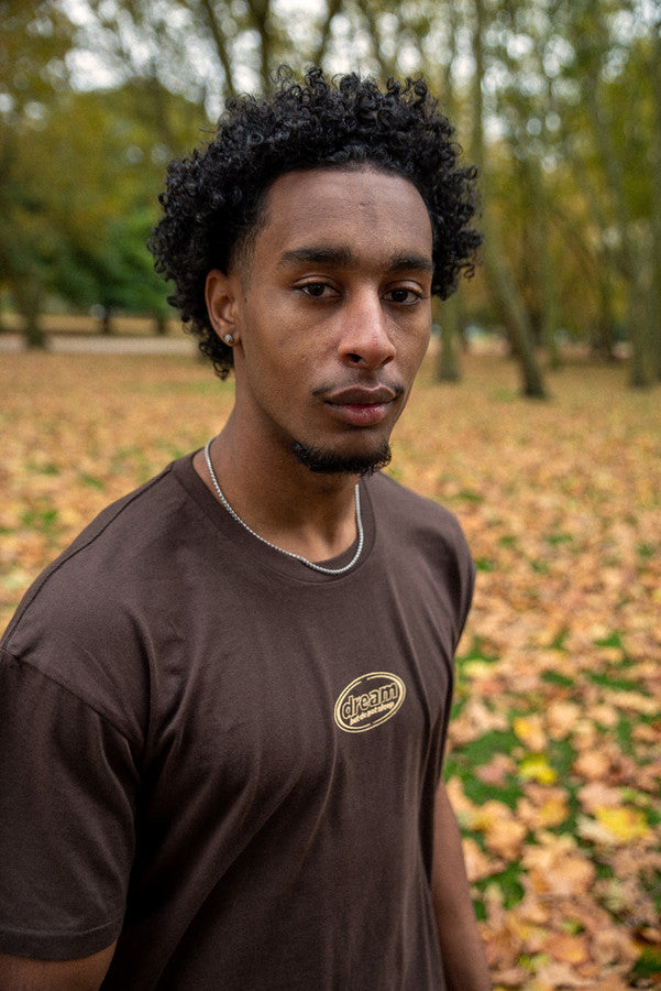 Short Sleeved T-Shirt in Dark Chocolate Brown With Oval Logo Embroidery by Dreambutdonotsleep