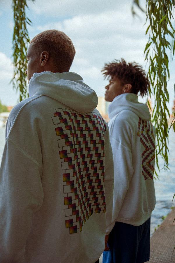 Hoodie in White with Square Geometric Logo Print by Dreambutdonotsleep