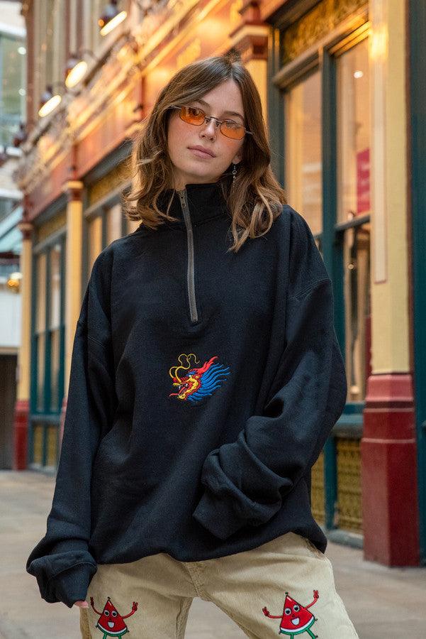 1-4 Zip Sweatshirt in Black With Chinese Dragon Embroidery by Dreambutdonotsleep