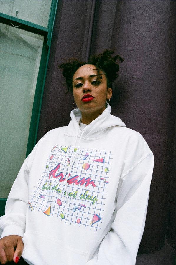 90s Grid Design Printed On A White Cotton Hoodie by Dreambutdonotsleep