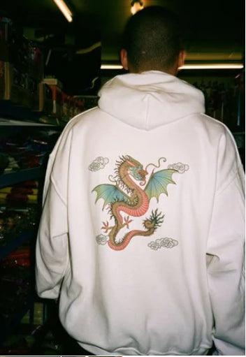 Hoodie in White With Chinese Dragon Print by Dreambutdonotsleep