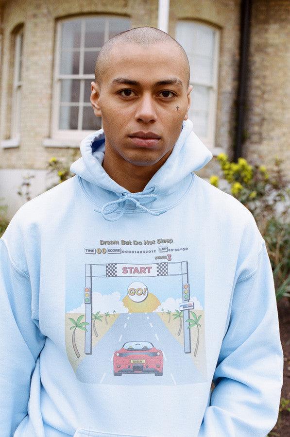 Hoodie In Light Blue With Drive In To The Sunset Print by Dreambutdonotsleep