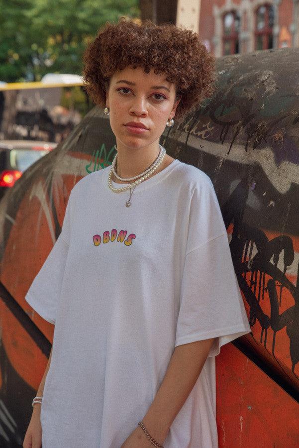 Tshirt in White with Watermelon Bubble Logo Print by Dreambutdonotsleep