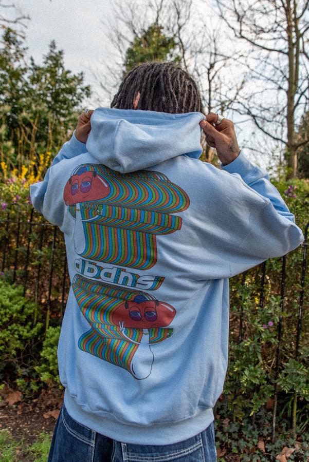 Heavyweight Hoodie in Light Blue With Trippy Mushroom Print by Dreambutdonotsleep