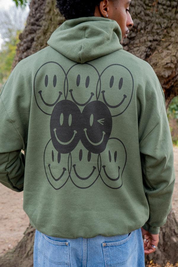 Hoodie in Military Green with 90s Rave Smiley Print by Dreambutdonotsleep