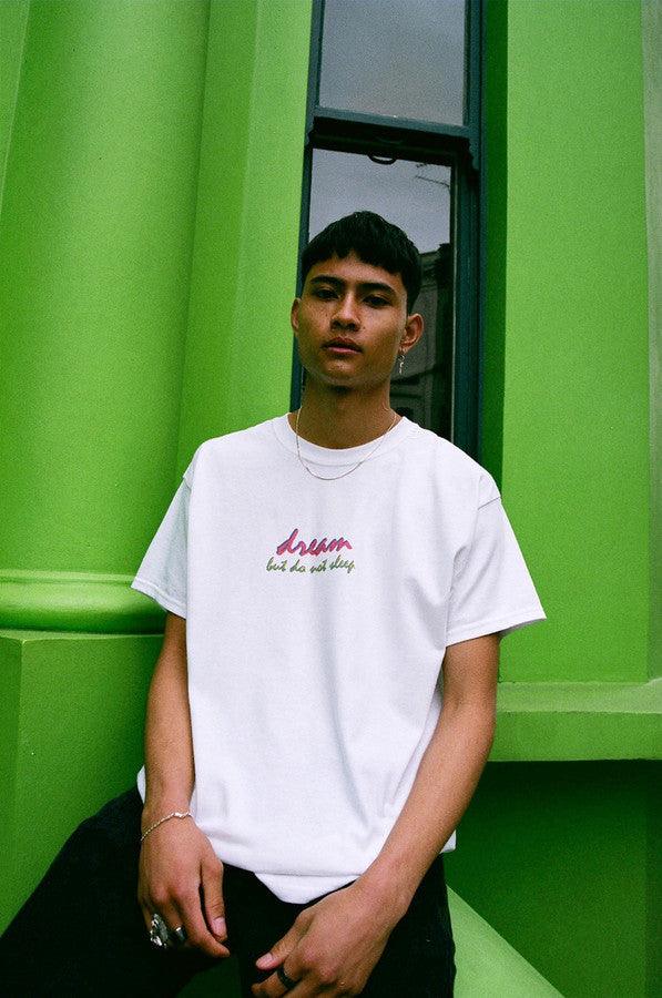 90s Logo Design On White Short Sleeved T-shirt by Dreambutdonotsleep