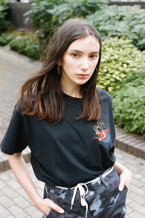 Black T-shirt With Chinese Dragon Embroidered Design by Dreambutdonotsleep