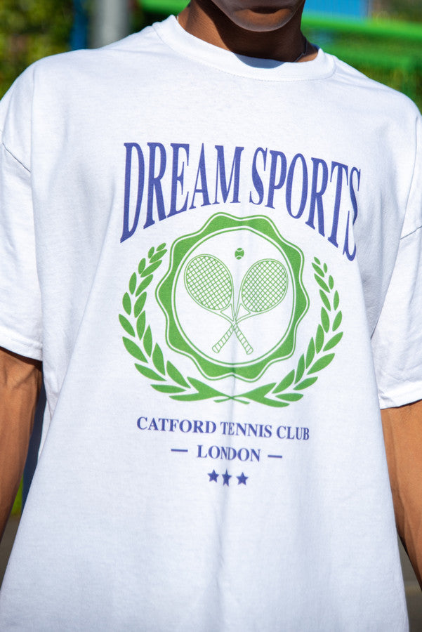 Short Sleeved T-Shirt in White Dream Sports Tennis Club Emblem Design by Dreambutdonotsleep