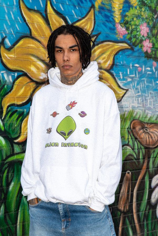 Heavyweight Hoodie in White With Alien Invasion Print by Dreambutdonotsleep