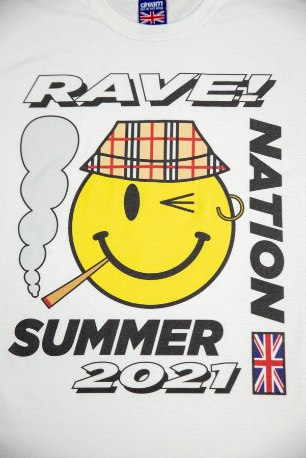 Short Sleeved T-shirt in White with RAVE! NATION Print by Dreambutdonotsleep