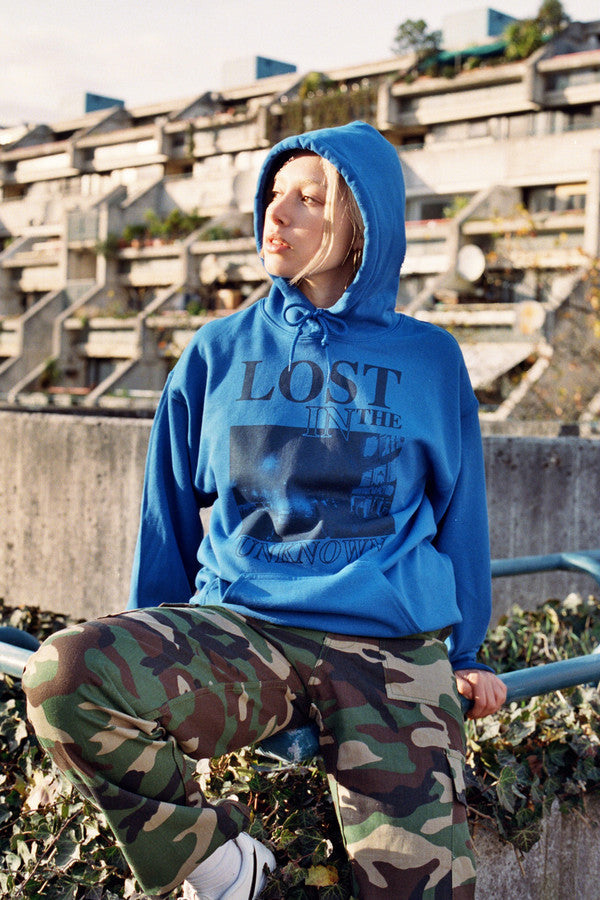 Royal Blue Hoodie With Printed 'Lost In The Unknown' Design by Dreambutdonotsleep